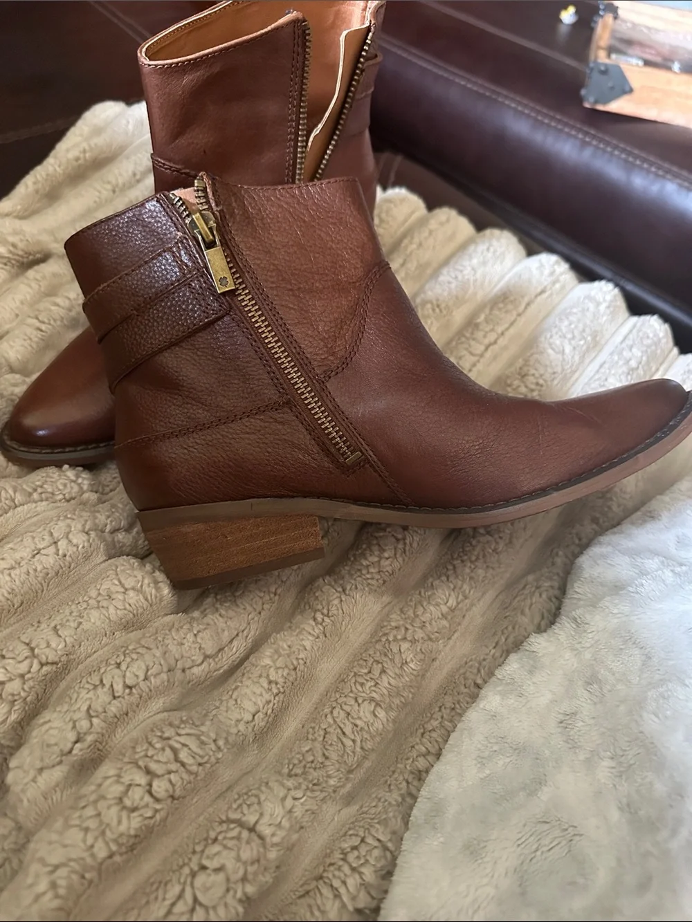 Lucky Brand Carolyn Women’s Brown Leather Ankle Boots with Buckle Detail